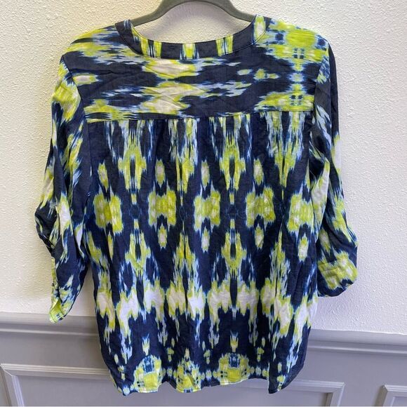 KIM ROGERS blue/green patterned tunic blouse, buttons in the front, Sz 1X (1019) - Picture 2 of 3